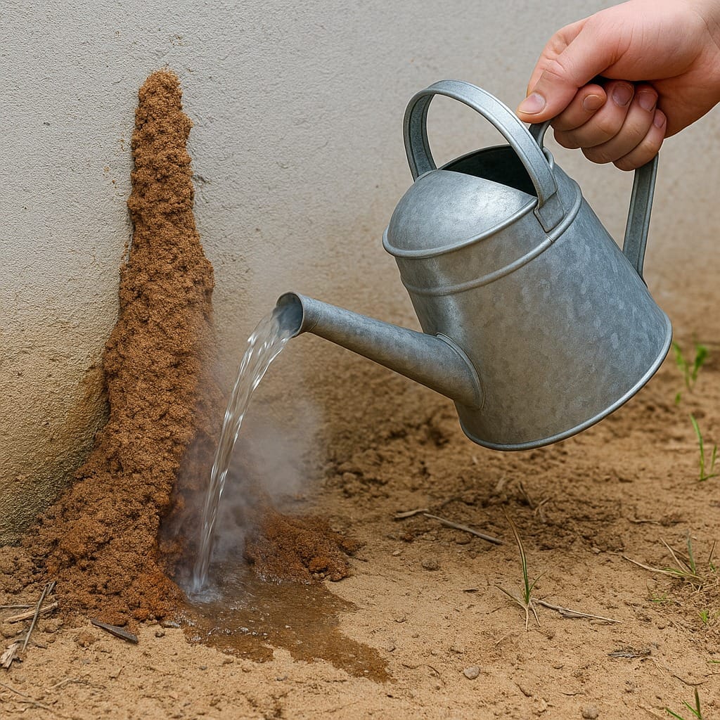 Dội nước sôi tiêu diệt tổ mối ngoài trời
